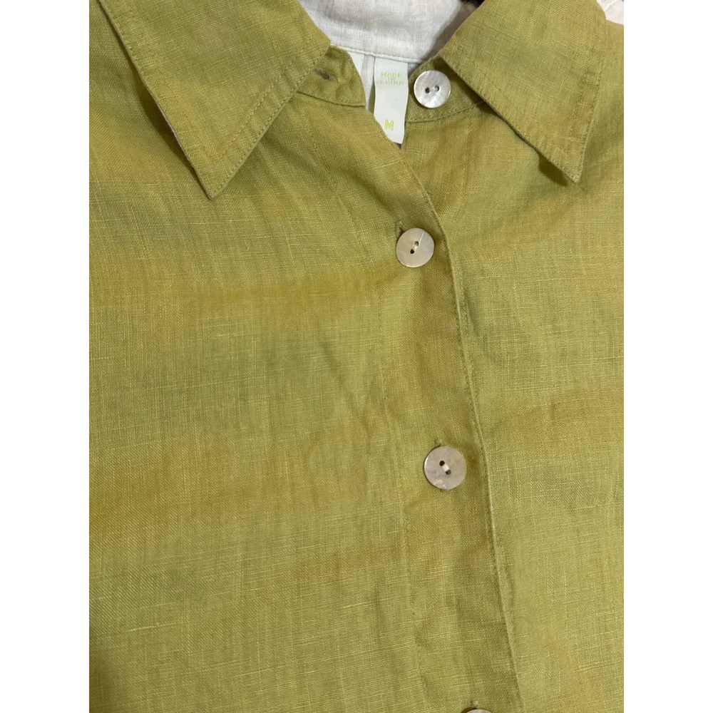 Debra DeRoo Womens Chartreuse Green 100% Linen Button Down Shirt Size M Lime Top